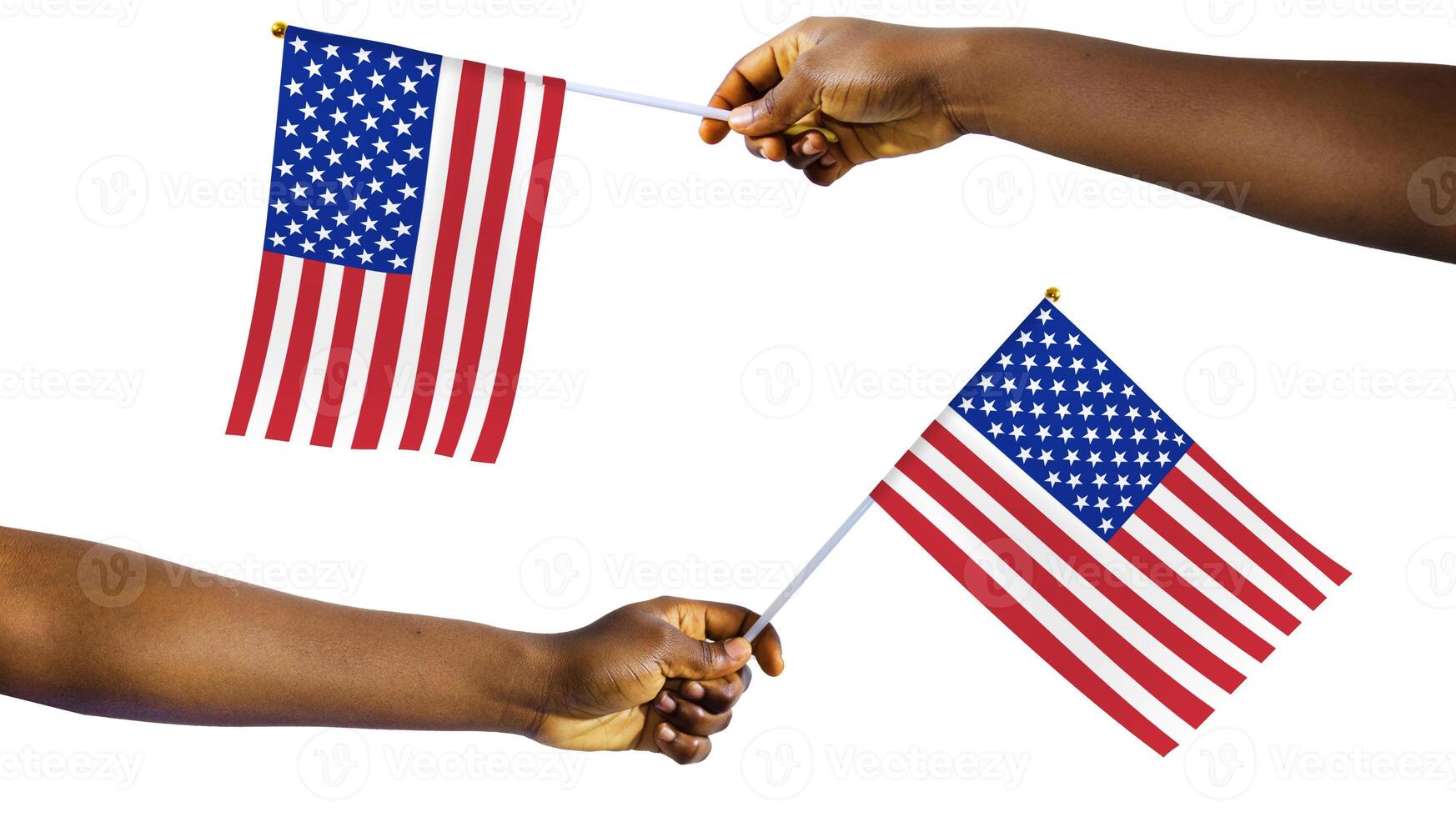 Outstretched Black african Hands holding USA national flag isolated over white background, protest, waving, freedom, United states of america photo