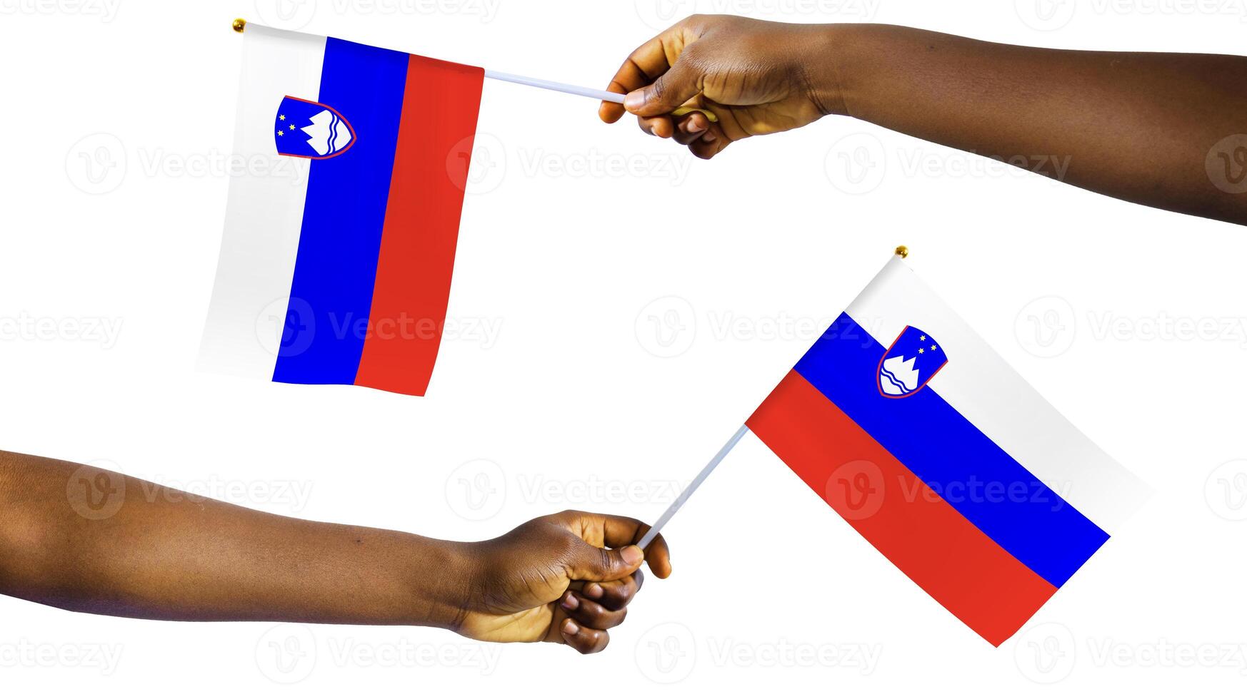 Outstretched Black african Hands holding slovenia national flag isolated over white background, protest, waving, freedom, Slovaks photo