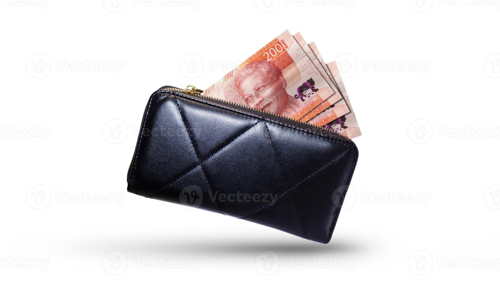200 South African Rand money currency notes inside a black purse isolated on a white background photo