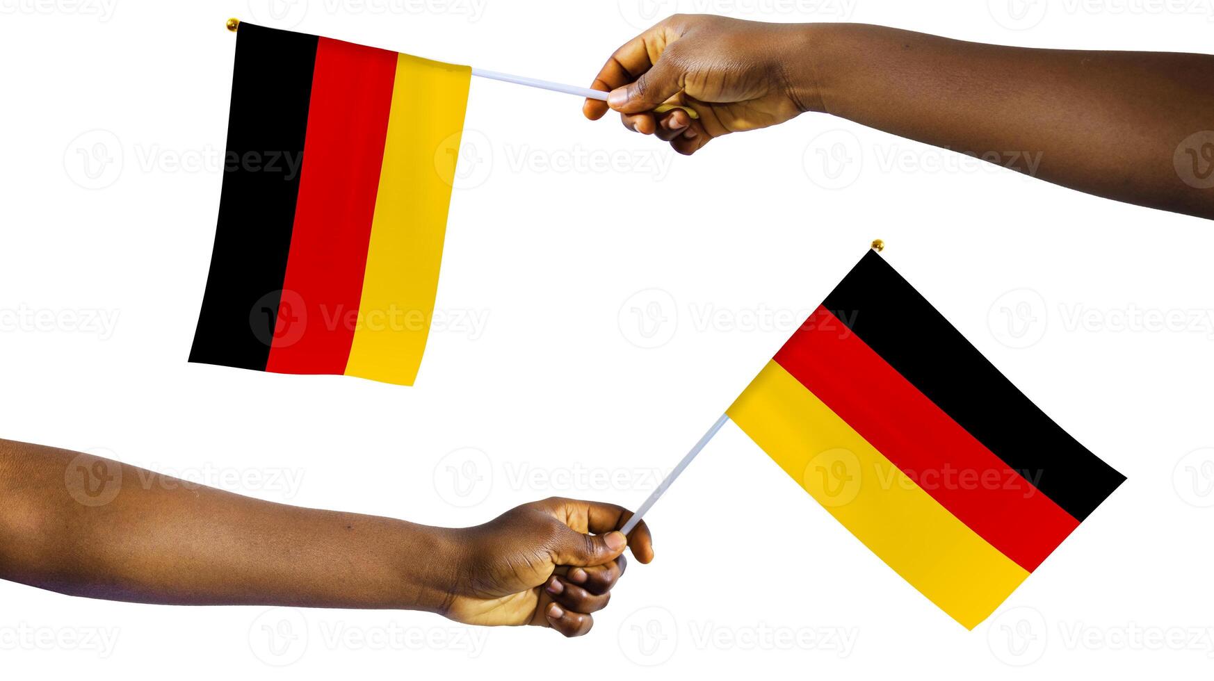 Outstretched Black african Hands holding Germany national flag isolated over white background, protest, waving, freedom, Germans photo