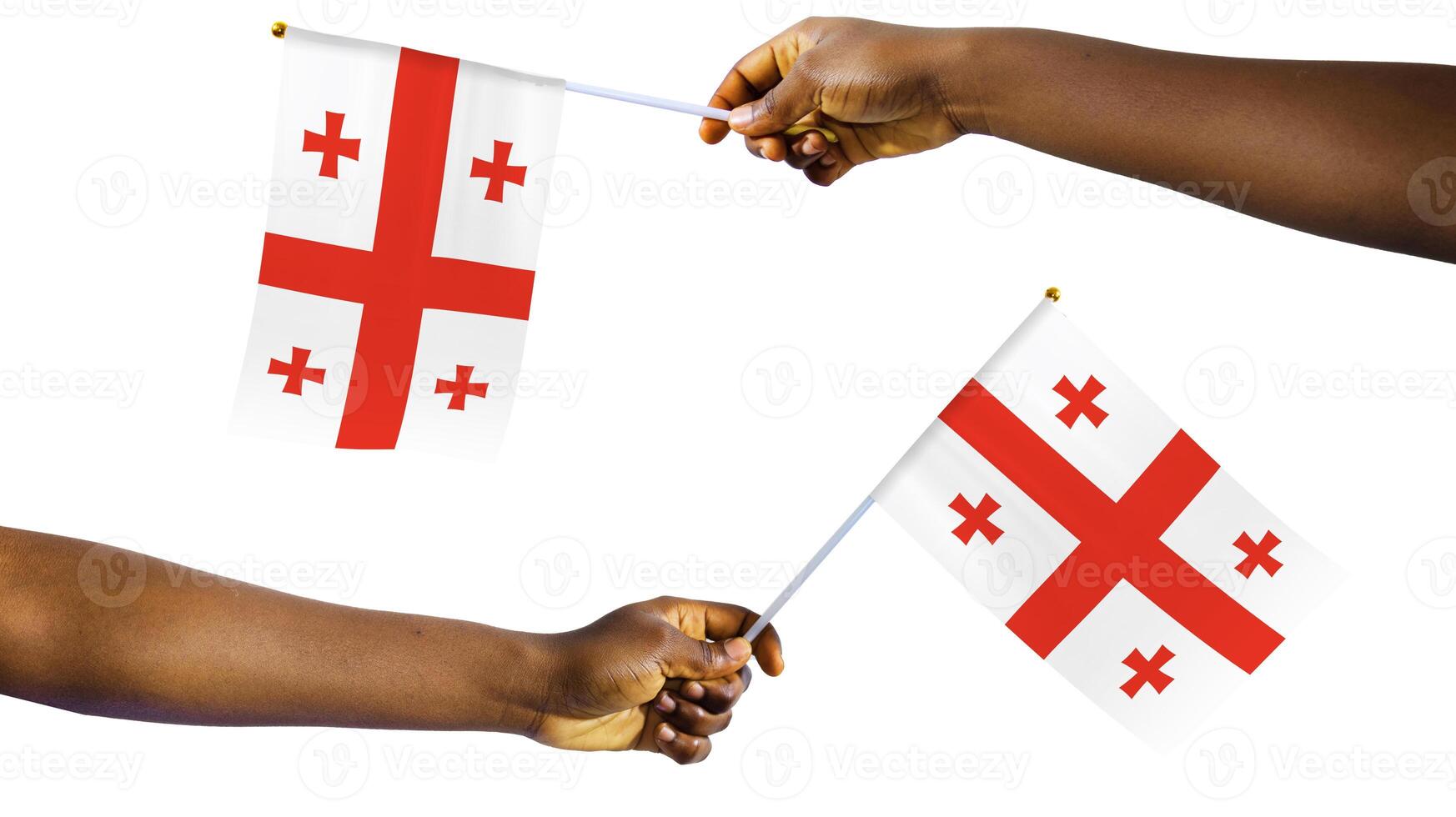 Outstretched Black african Hands holding Georgia national flag isolated over white background, protest, waving, freedom, Georgians photo