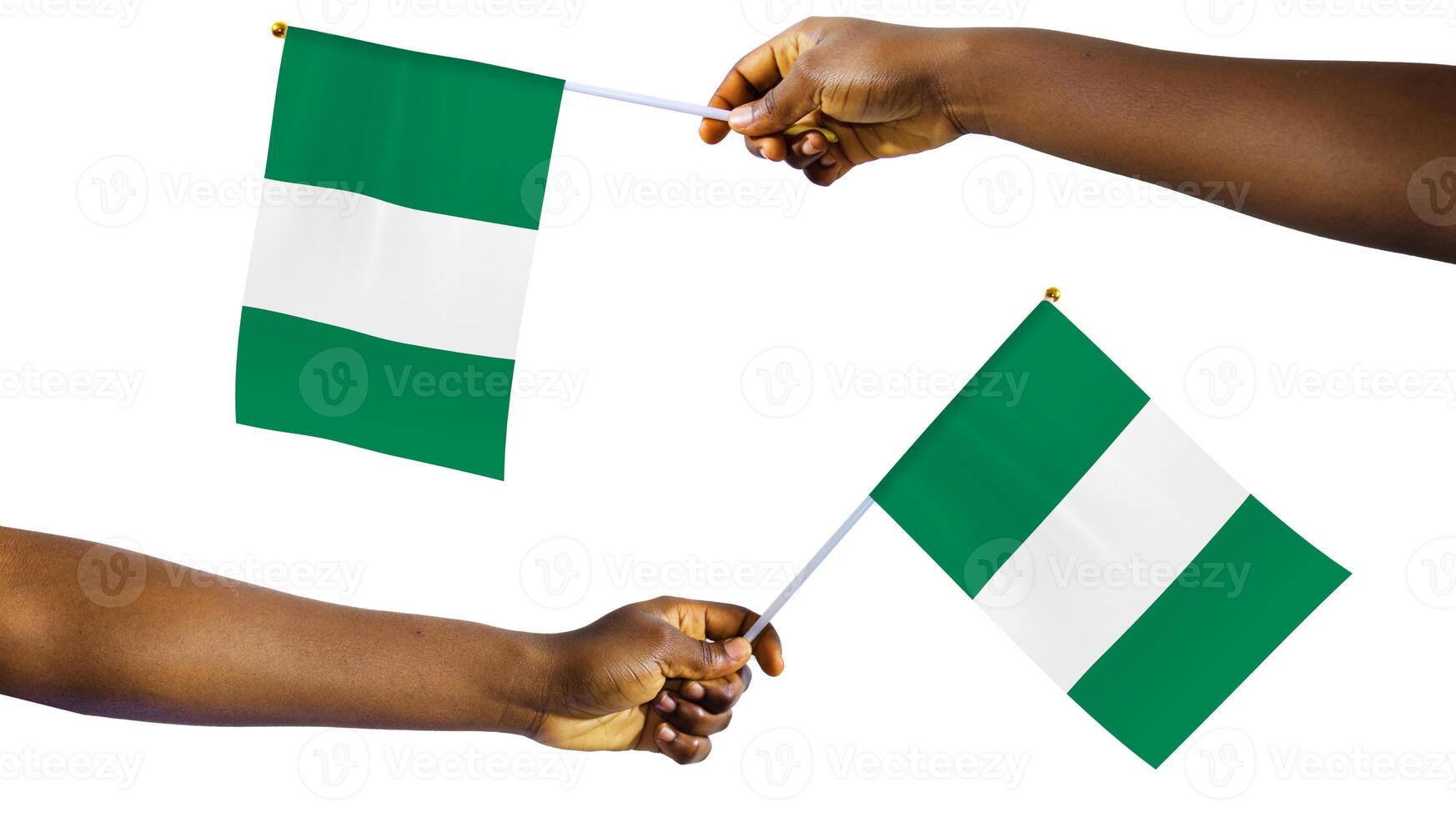 Outstretched Black african Hands holding Nigeria national flag isolated over white background, protest, waving, freedom, Naija photo