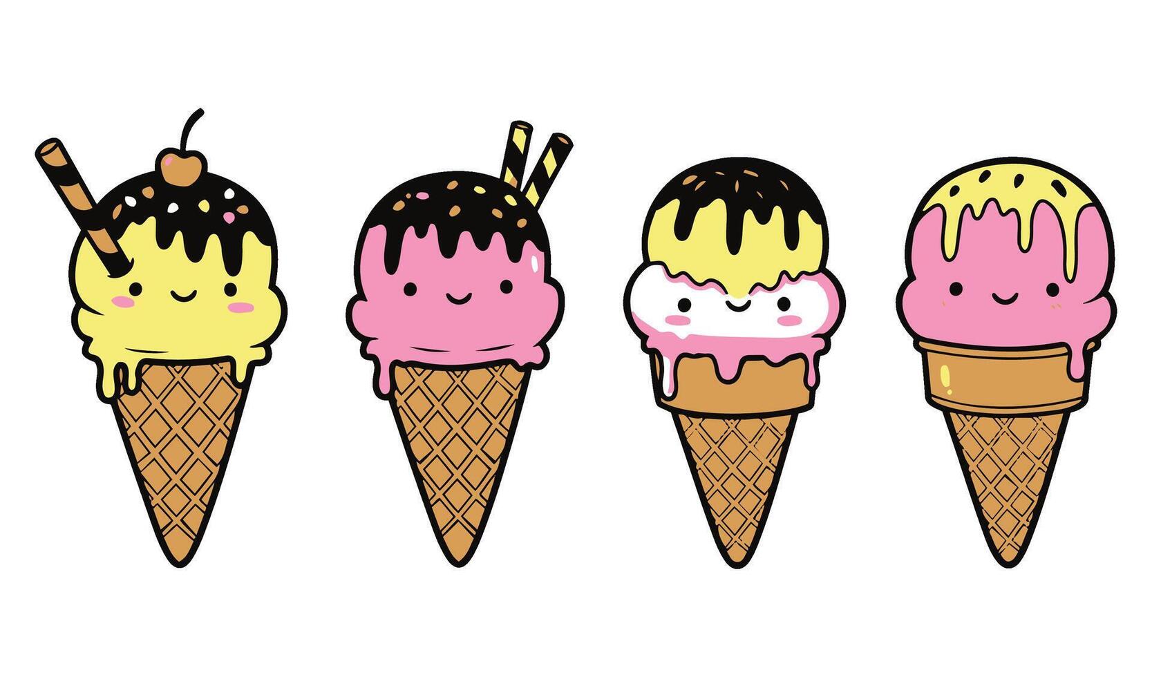 Pastel-toned ice cream cone illustrations set vector