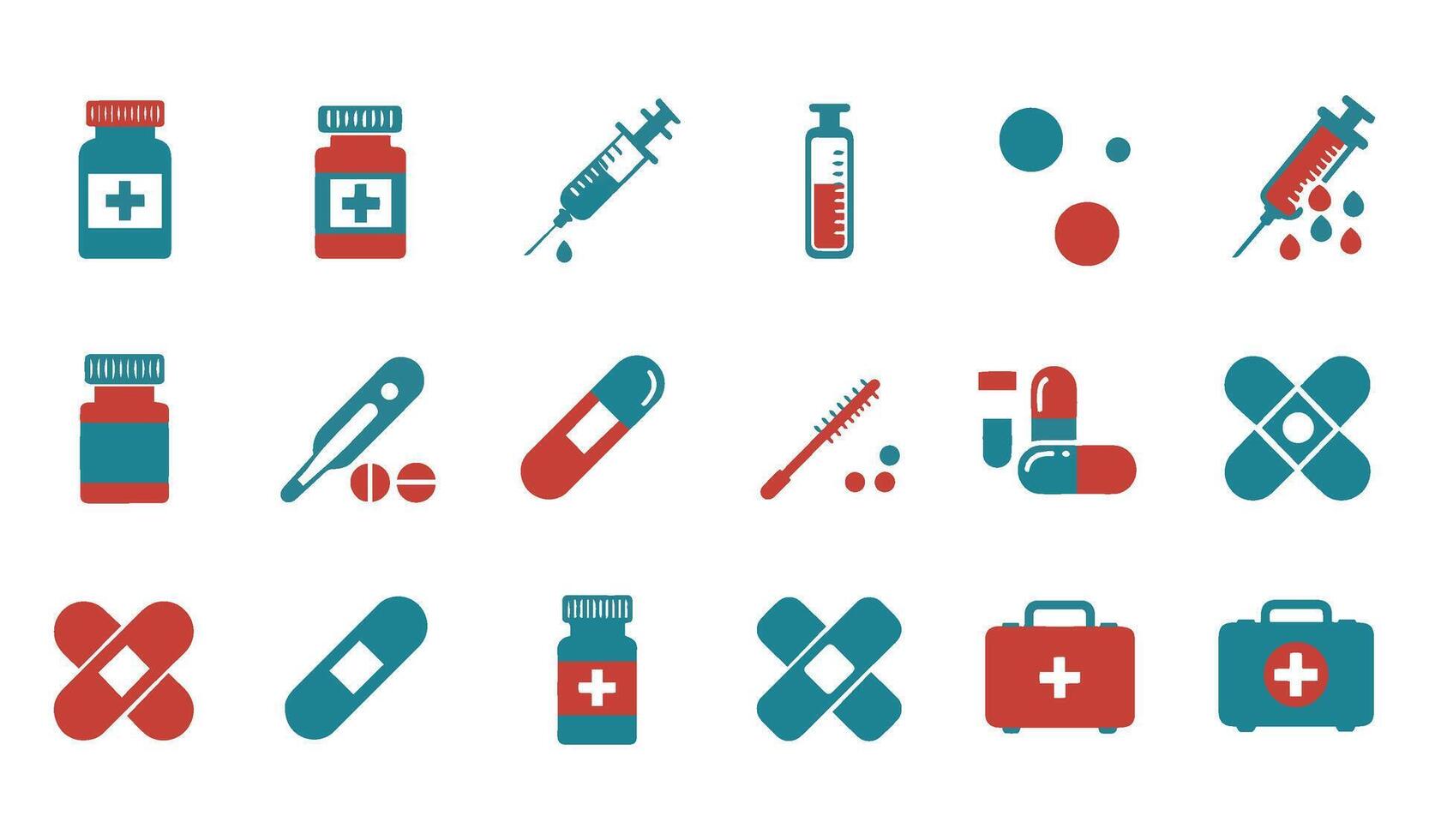 Modern Flat Medicine Icon Set Featuring Syringes Pills and Stethoscopes vector