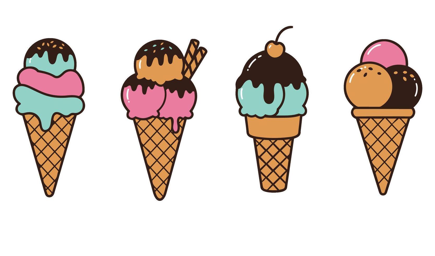Vibrant ice cream cone illustrations for kids vector