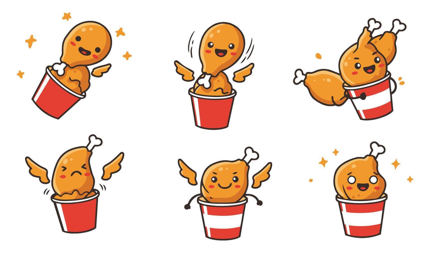 Flying Fried Chicken With Bucket Cartoon Collection vector