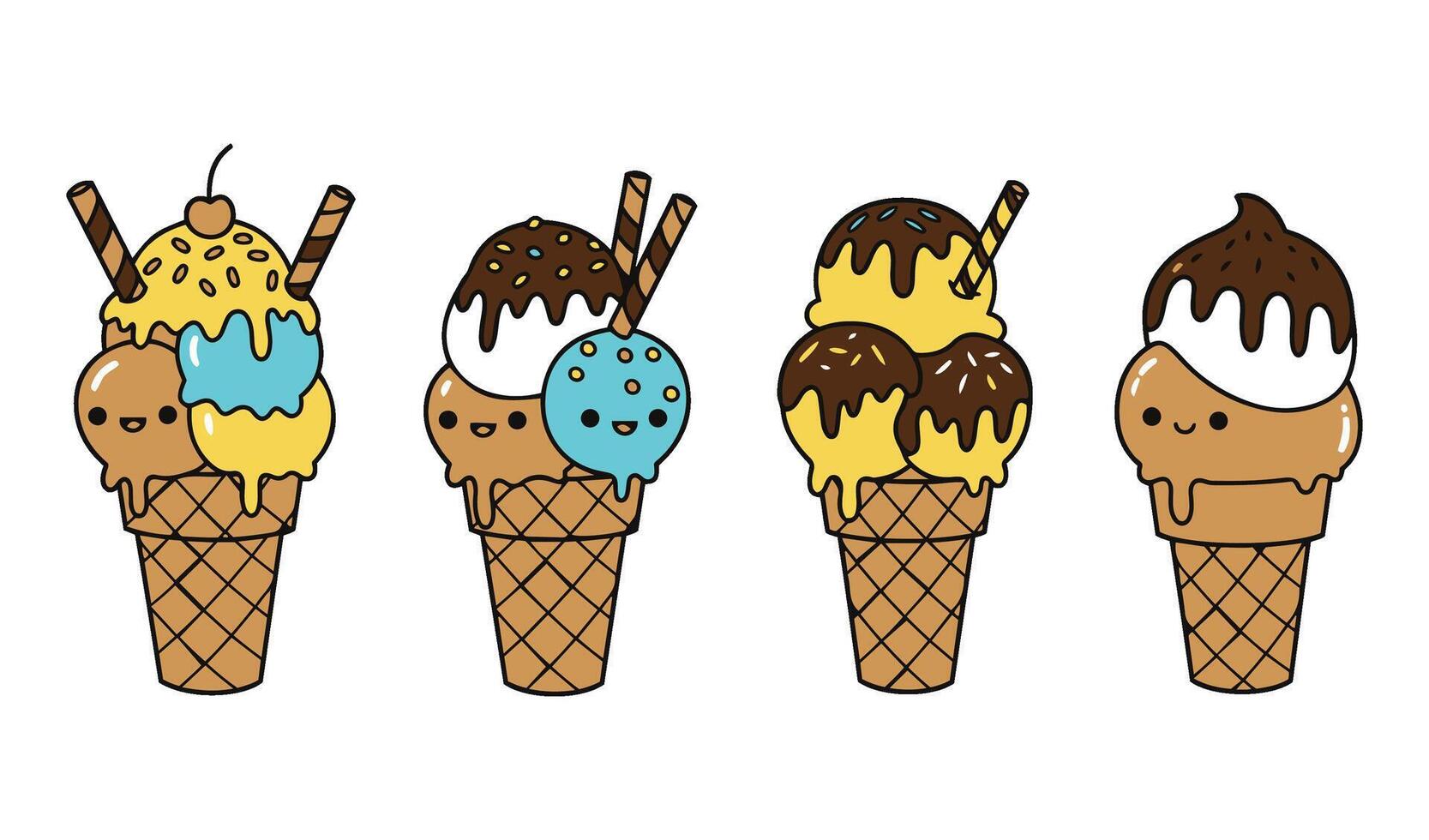 Artistic doodle-style ice cream cone set vector