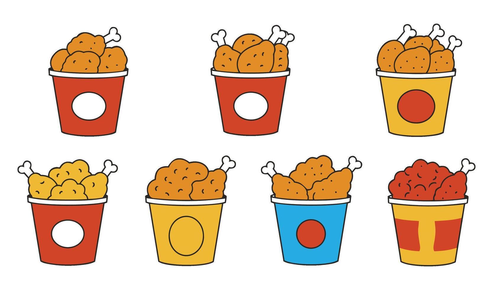 Playful Flying Fried Chicken With Bucket Cartoon Icons vector