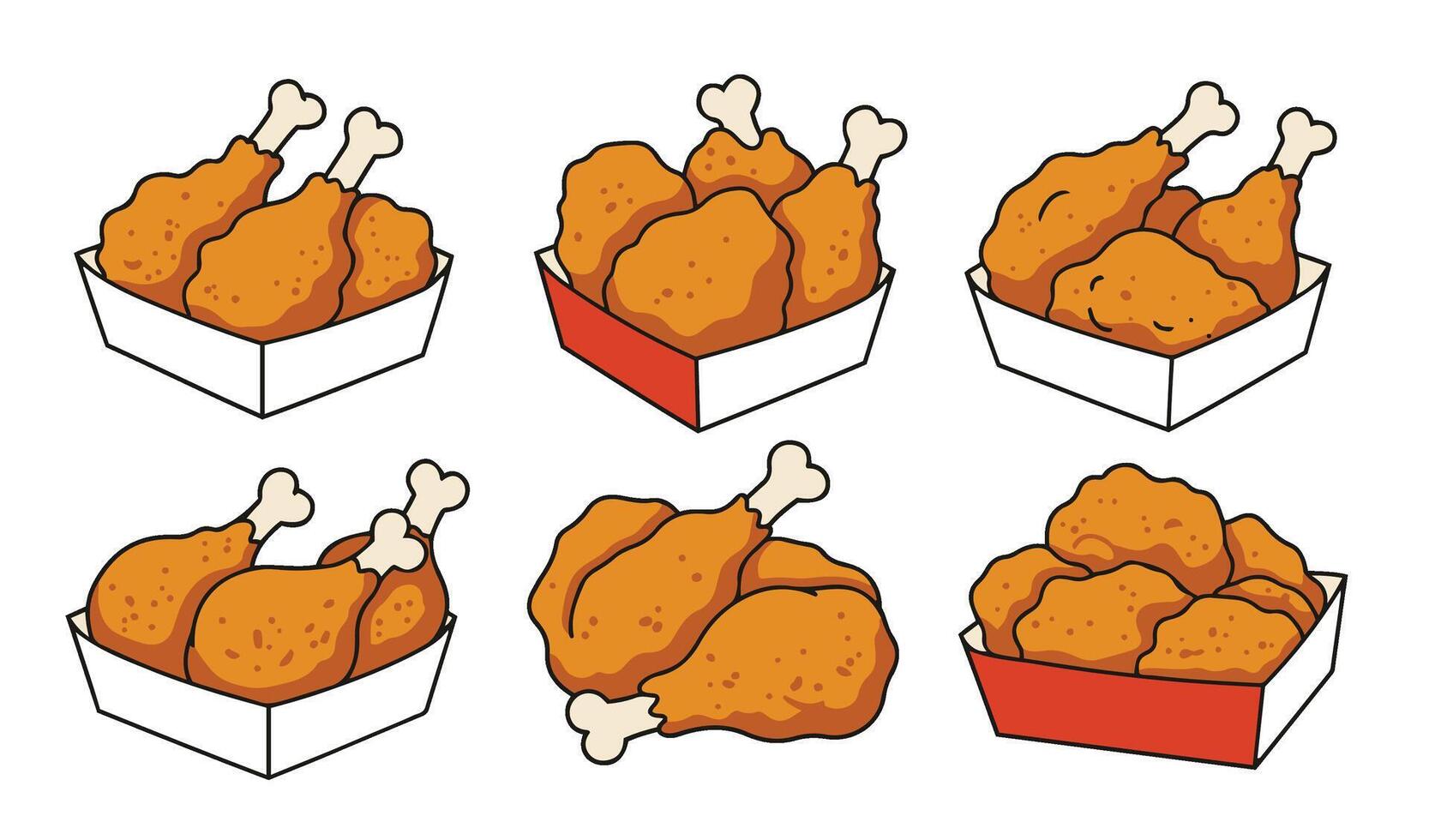 Flying Fried Chicken With Bucket Cartoon Food Art Set vector