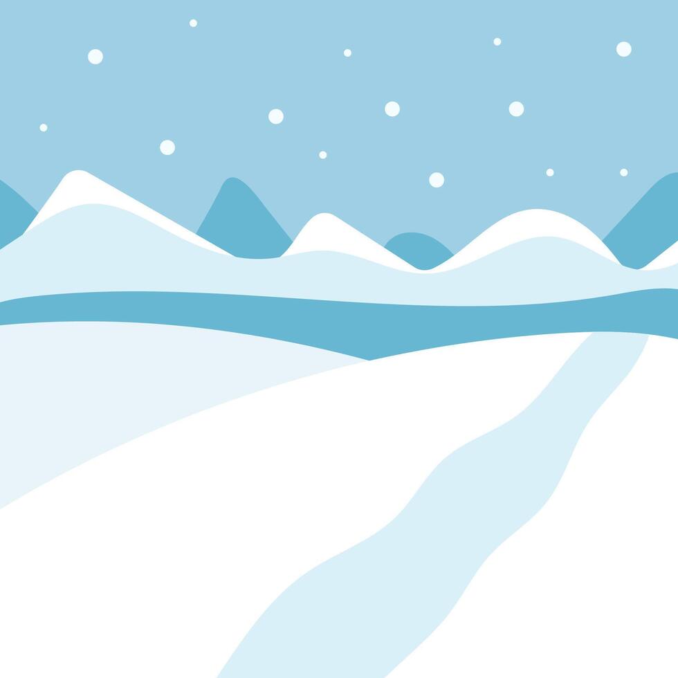 Abstract winter landscape with mountains, river and falling snowflakes. vector