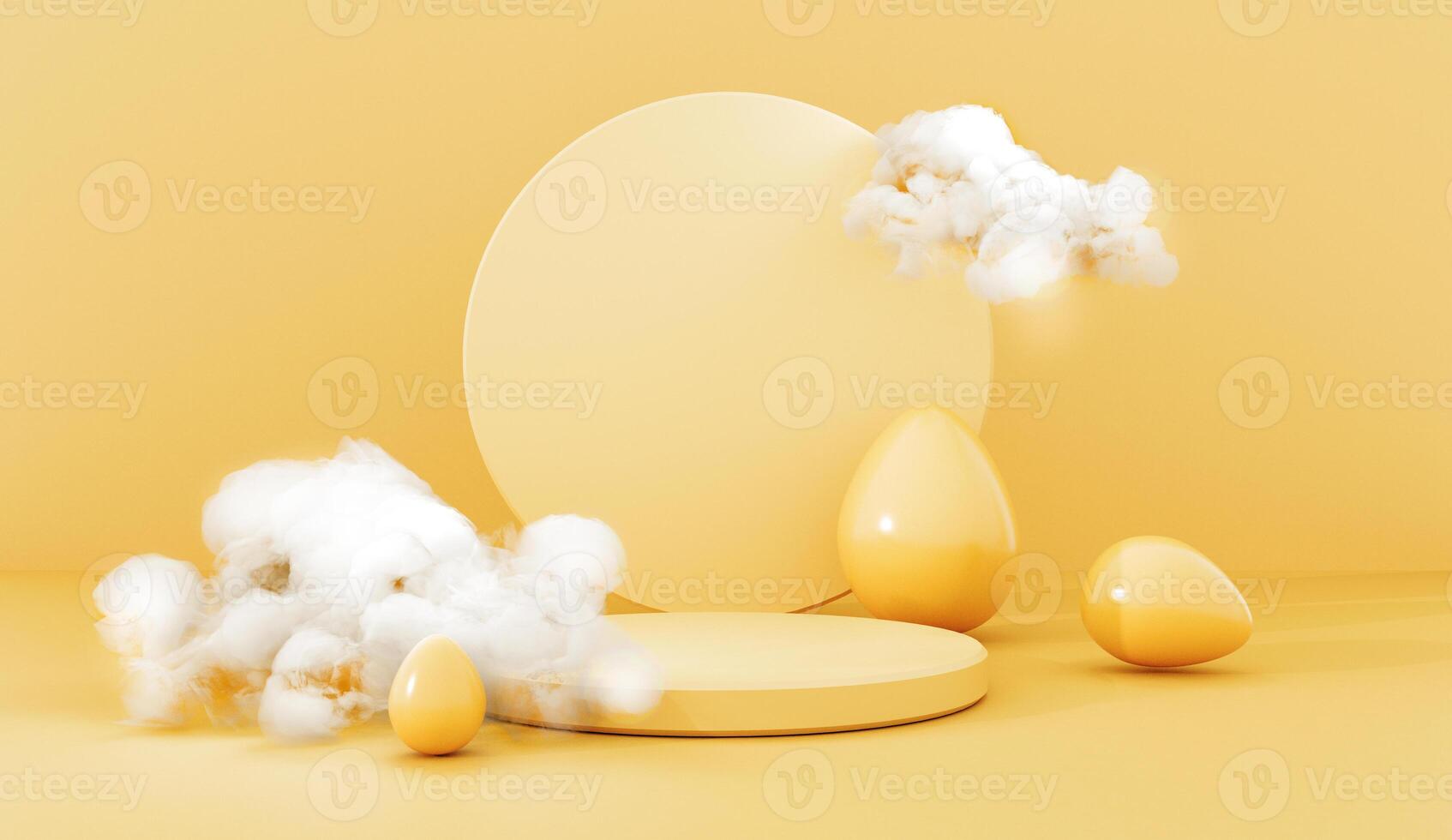 3D render, bright yellow podium, stand, platform with flying white clouds and Easter eggs. Holiday trend greeting card with copy space. Empty showcase for advertising and product presentation. photo