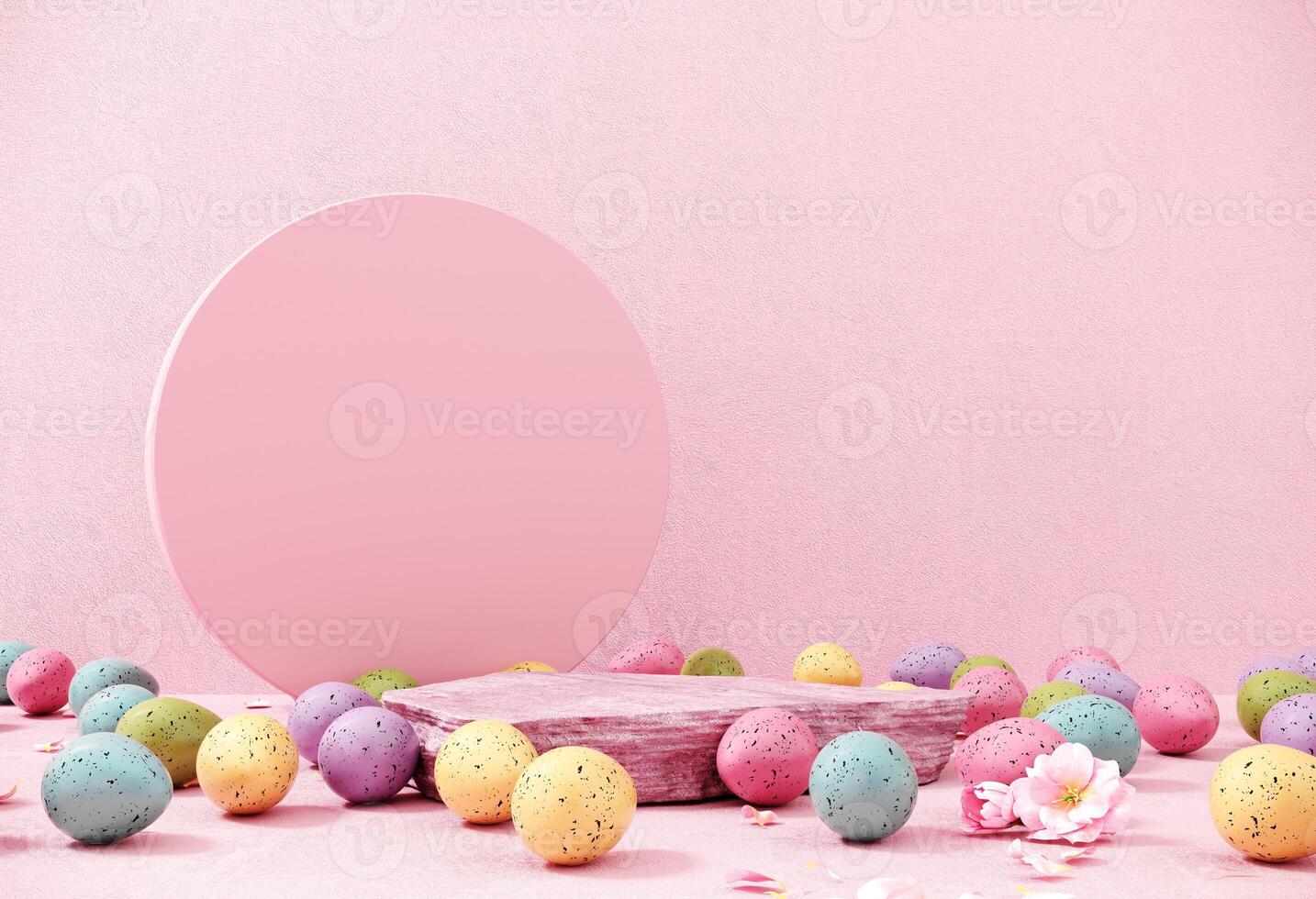 3d render of podium, showcase with multi-colored dyed dotted eggs. Happy Easter greeting background, postcard, template. Modern display for product advertising, holiday promotions with copy space. photo