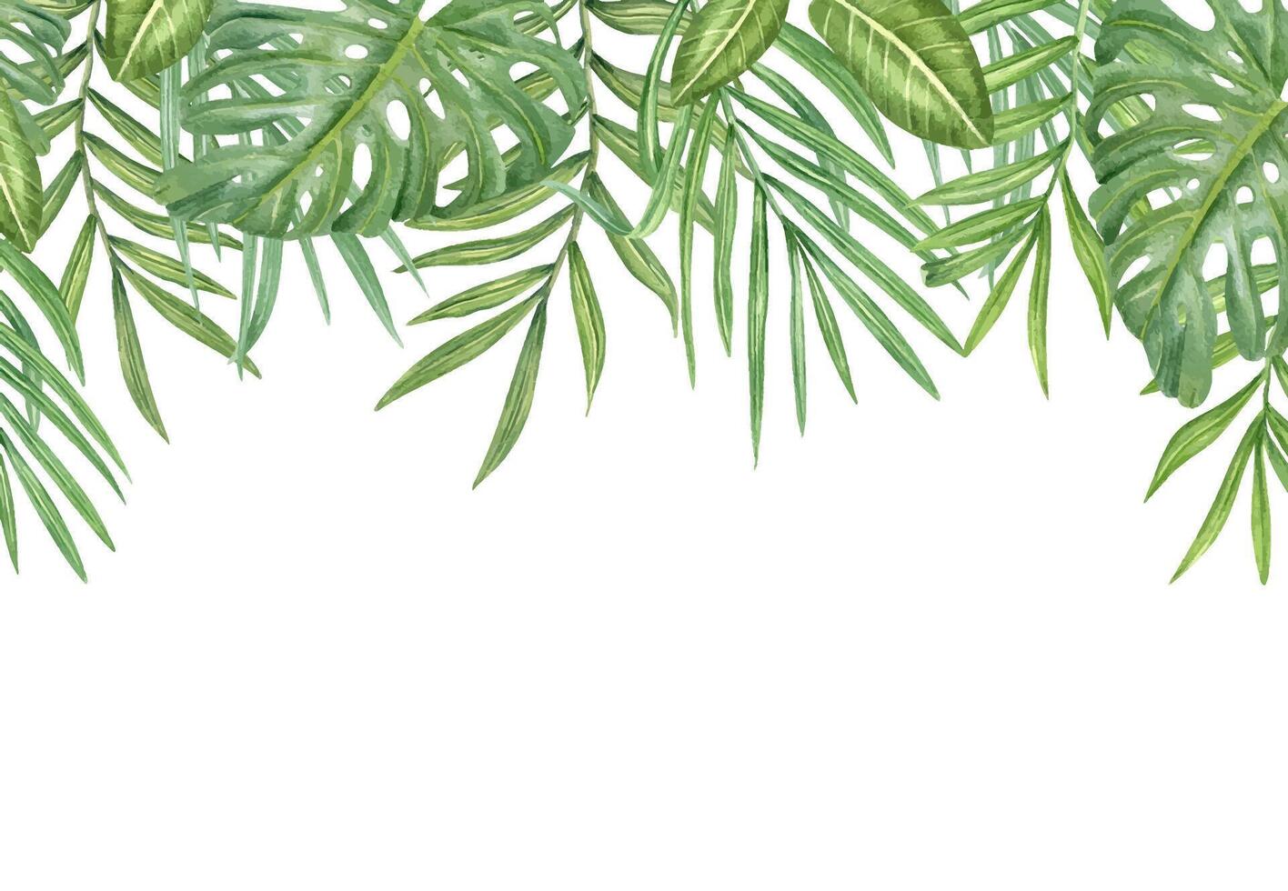 Watercolor green palm areca and monstera leaves horizontal border. Hand painted tropical foliage frame with empty space for text. Floral illustration greeting card, invitation vector