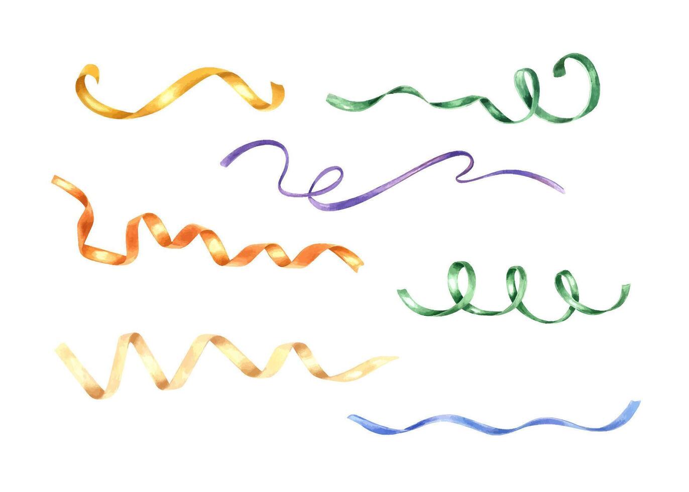 Set of colored curly ribbons clip art watercolor illustration. Blue, yellow, golden, blue ribbons. Festive holiday additional element clip art for wrapping gift box, birthday invitation card vector