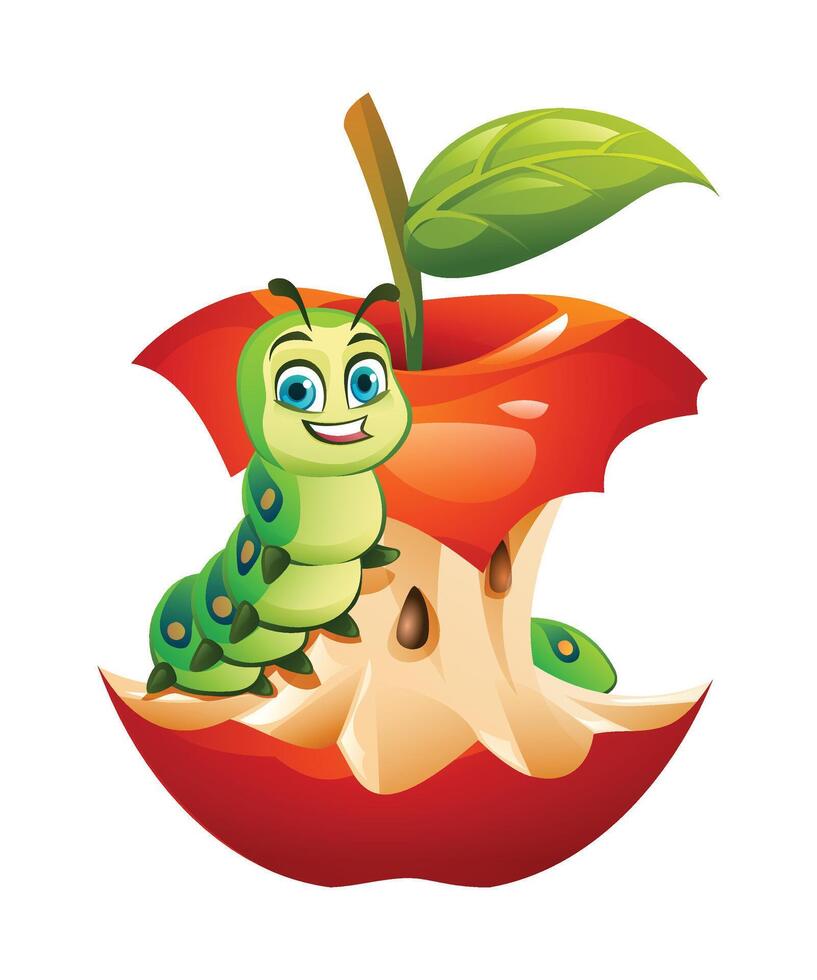 Cute caterpillar sitting on a bitten red apple core with seeds and leaf. Cartoon illustration vector