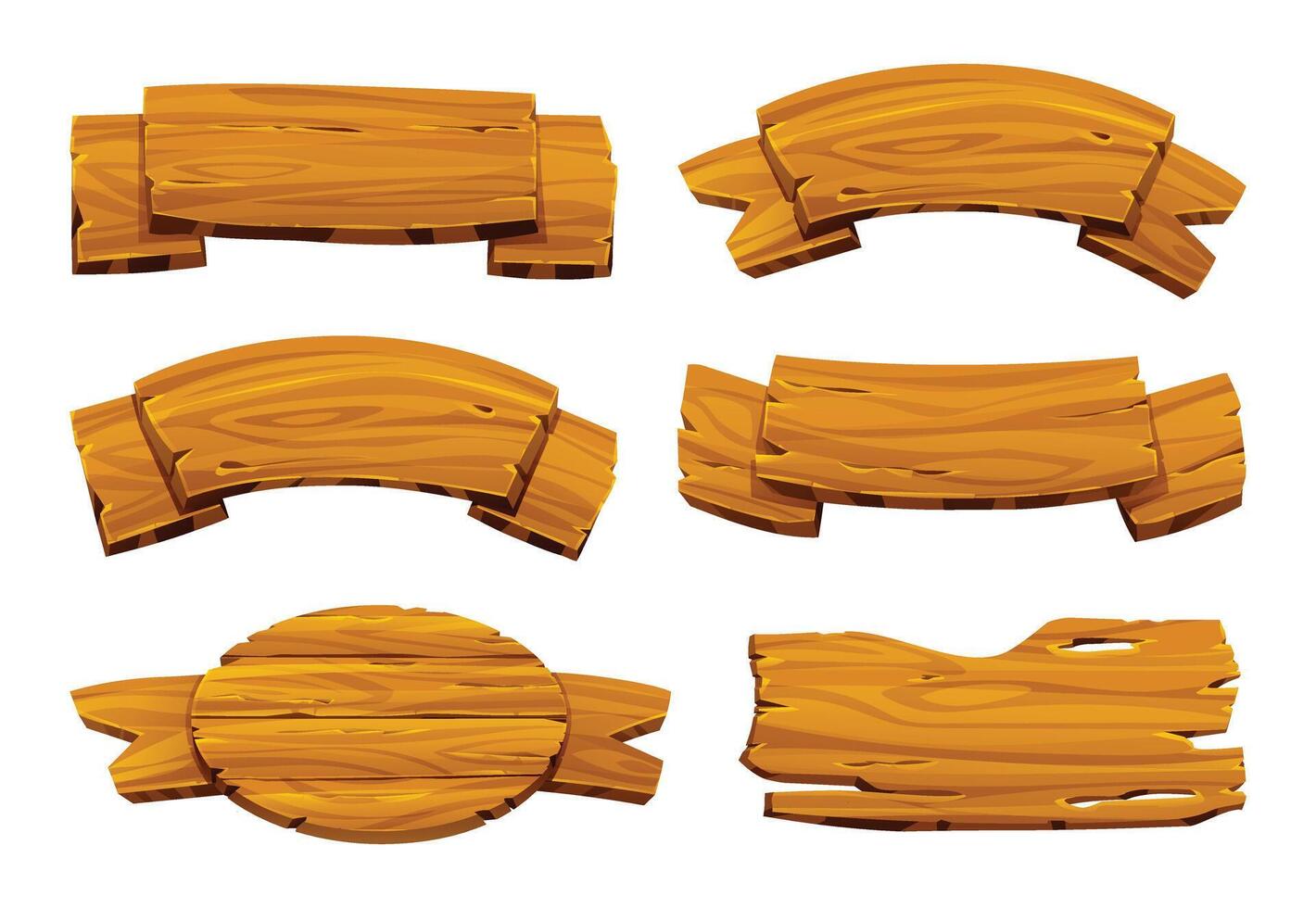 Set of wooden banners in various curved and rustic shape designs. Cartoon illustration vector
