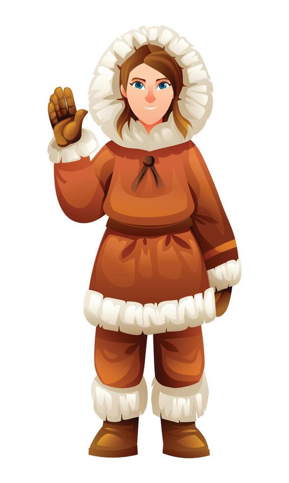 Eskimo woman waving hand in a cheerful pose, wearing traditional fur outfit. Cartoon character illustration vector