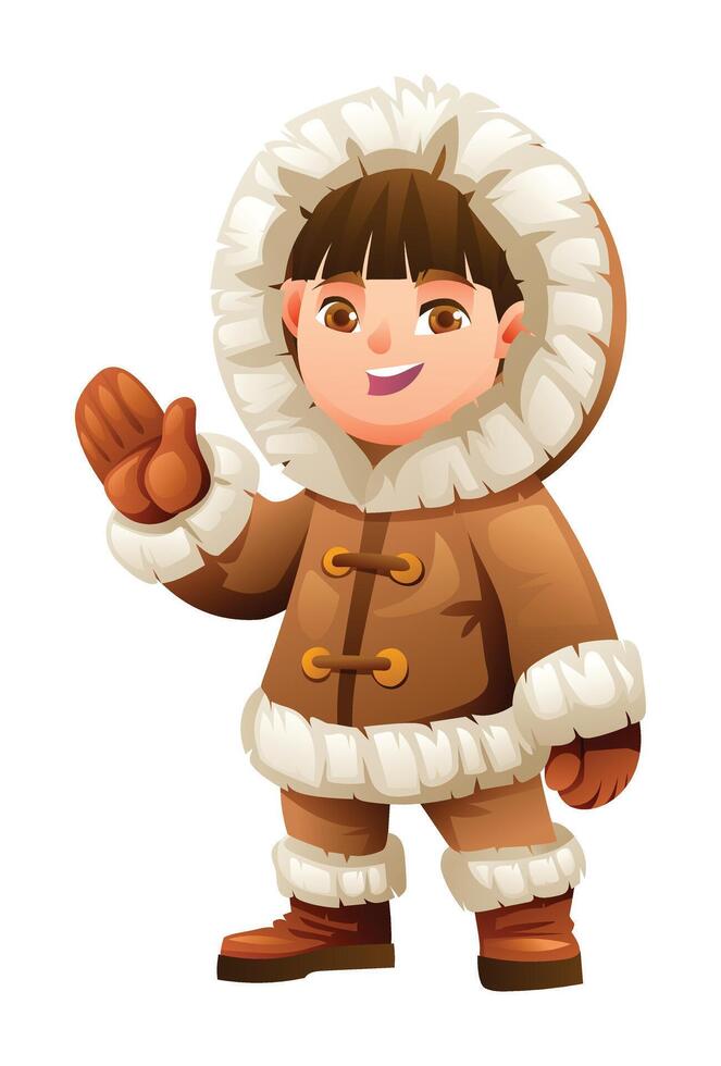 Eskimo boy waving in a cheerful pose, wearing traditional fur outfit. Cartoon character illustration vector