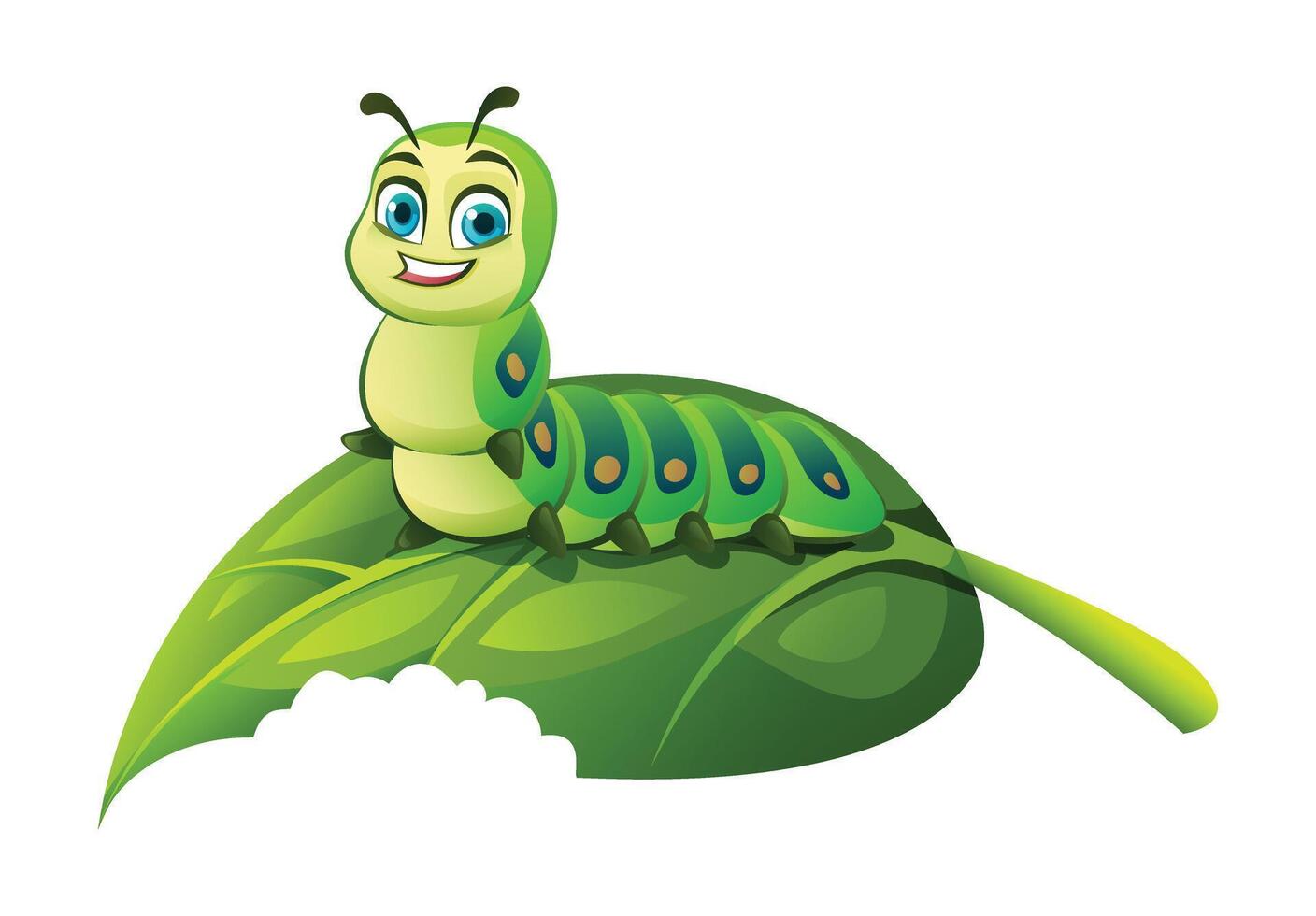 Cute caterpillar resting on a bitten leaf. Cartoon illustration vector