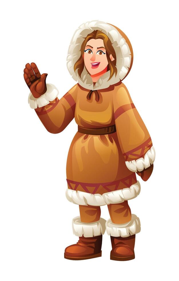 Eskimo woman waving in a cheerful pose, wearing traditional fur outfit. Cartoon character illustration vector