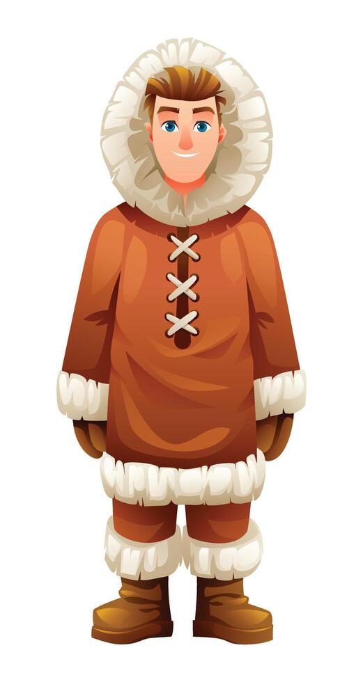 Eskimo man character in traditional fur outfit. Cartoon illustration vector