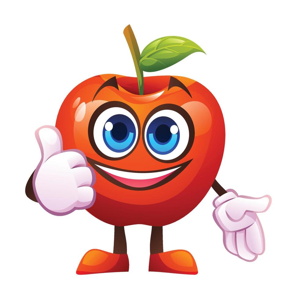 Cute red apple character giving a thumbs up with big smile, showing approval. Cartoon illustration vector