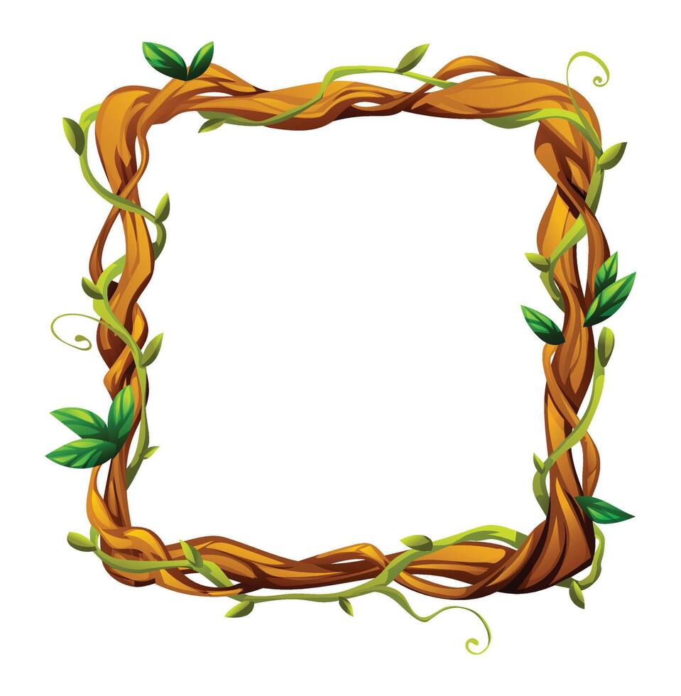 Square liana frame with natural twists and leaves. Cartoon illustration vector