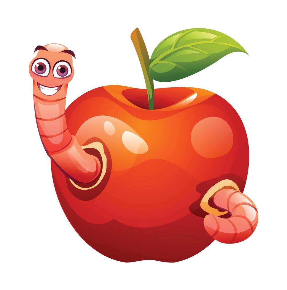 Cute worm coming out from holes on both sides of a red apple. Cartoon illustration vector