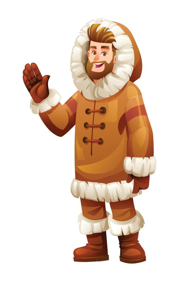 Eskimo man waving in a cheerful pose, wearing traditional fur outfit. Cartoon character illustration vector