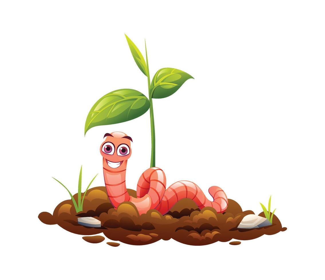 Cute worm on soil with a plant sprouting nearby. Cartoon illustration vector