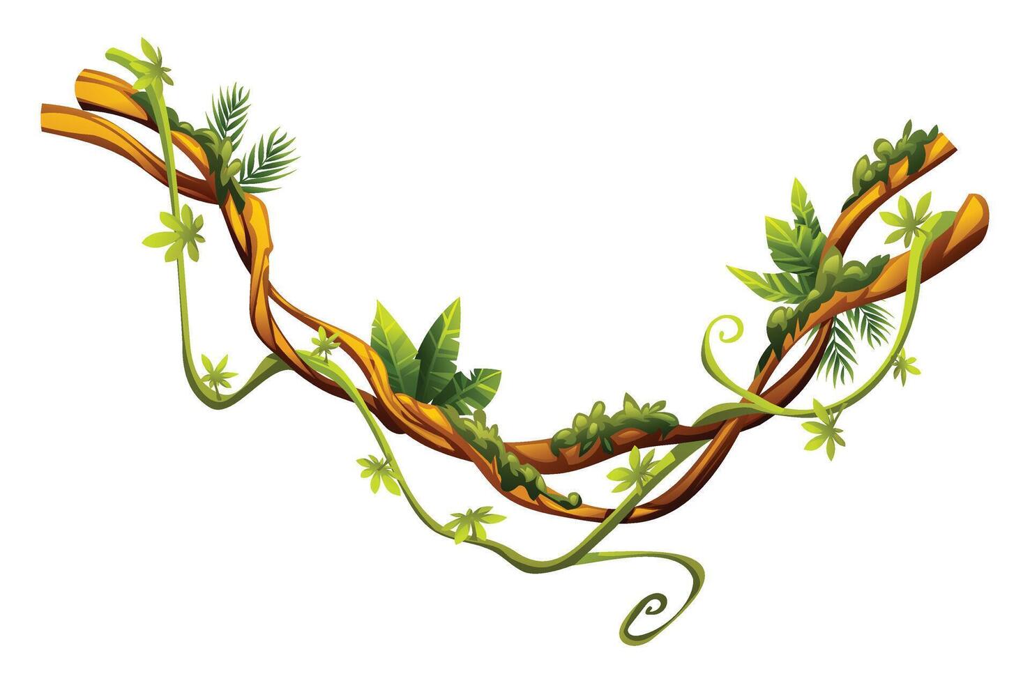 Lush liana branches with vines and tropical leaves and climbing tendrils. Perfect for jungle themed designs. Cartoon illustration vector