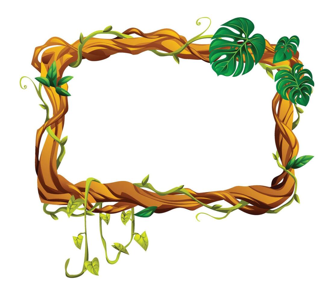 Natural rectangular liana frame with monstera leaves and decorative vines. Cartoon illustration vector