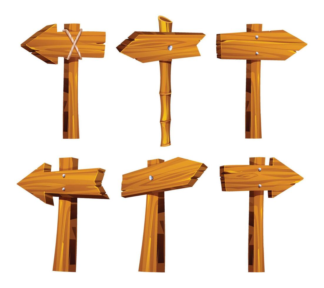 Set of wooden directional arrow signposts with rustic textures. Cartoon illustration vector