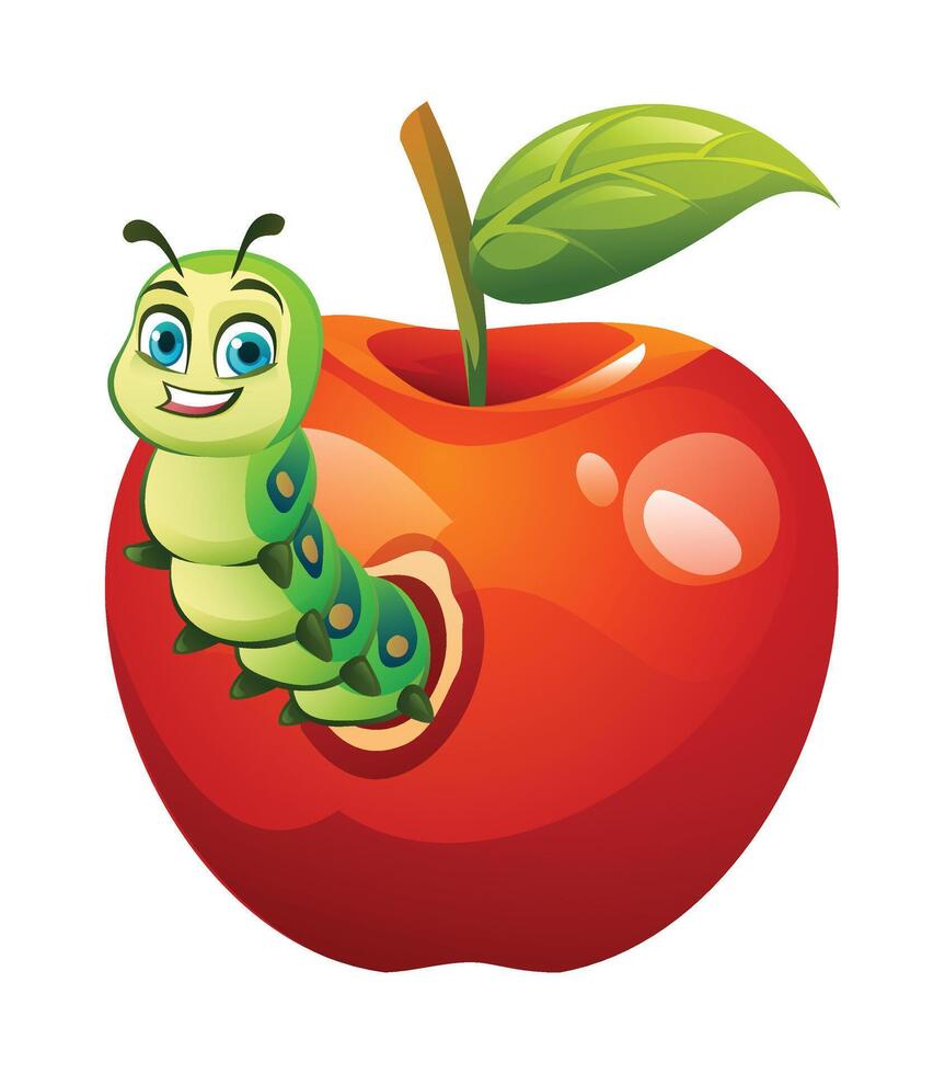 Cute caterpillar popping out from hole in red apple. Cartoon illustration vector