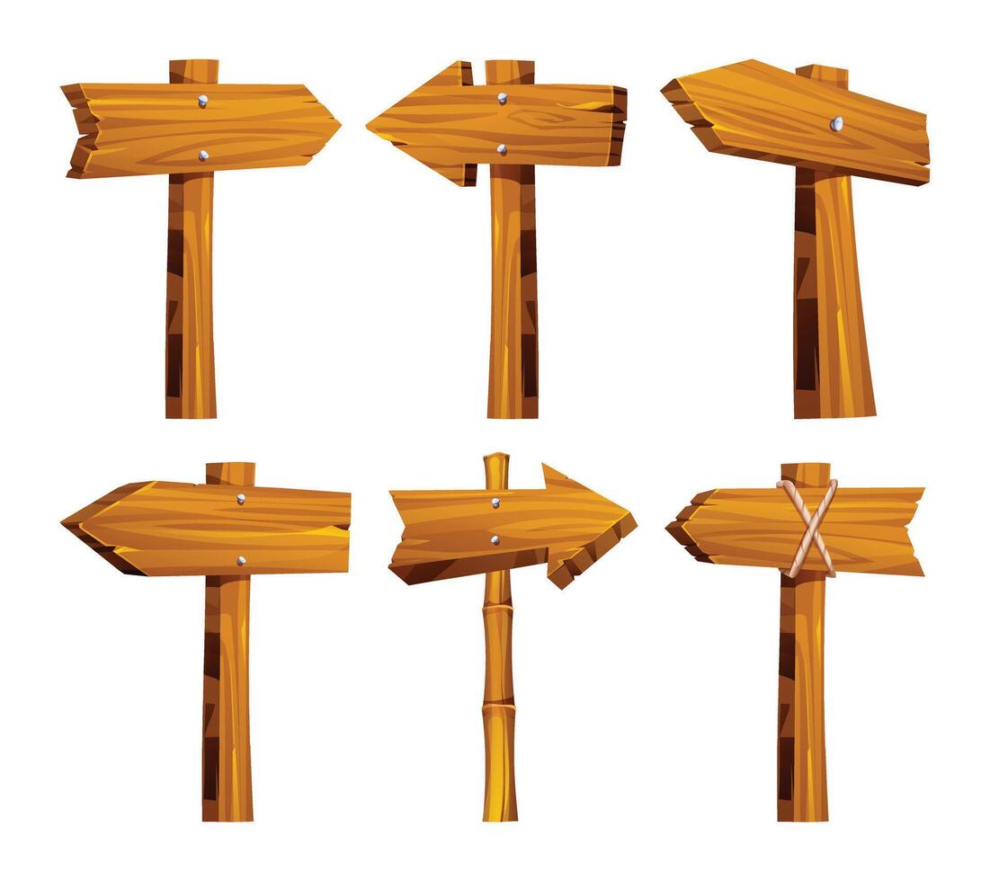 Set of rustic wooden directional arrow signposts with textures. Cartoon illustration vector