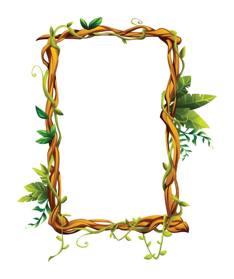 Liana frame with tropical leaves and twisting vines. Ideal for jungle themes. Cartoon illustration vector