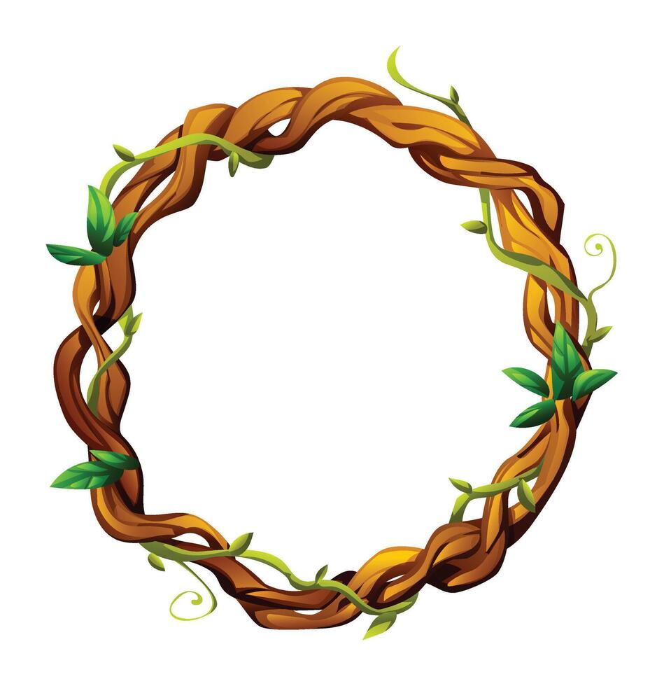 Round liana frame with lush tropical leaves and intertwined branches. Cartoon illustration vector