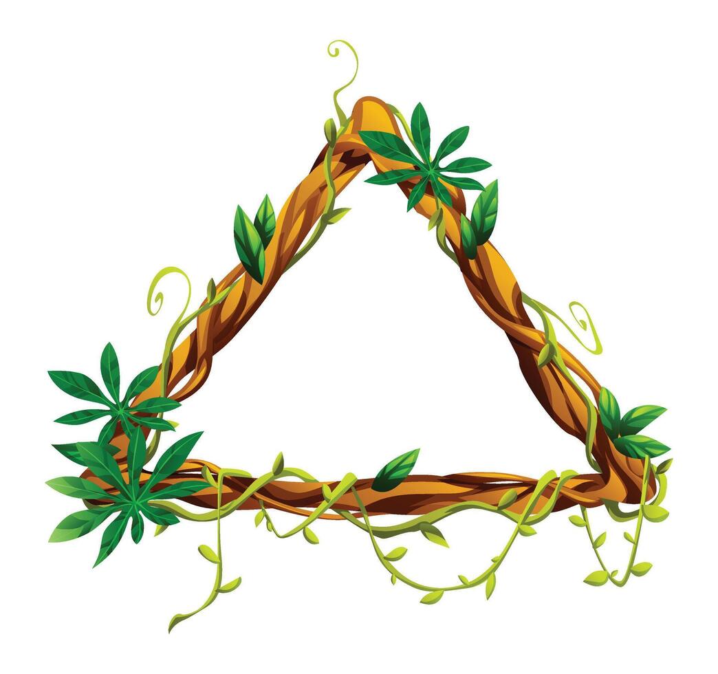 Triangle liana frame with lush tropical leaves and intertwining vines. Perfect for nature themes. Cartoon illustration vector