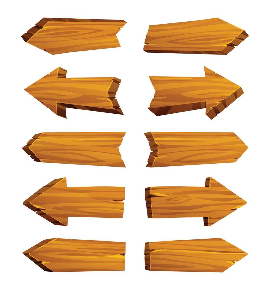 Set of wooden directional arrow signs with rustic textures. Cartoon illustration vector