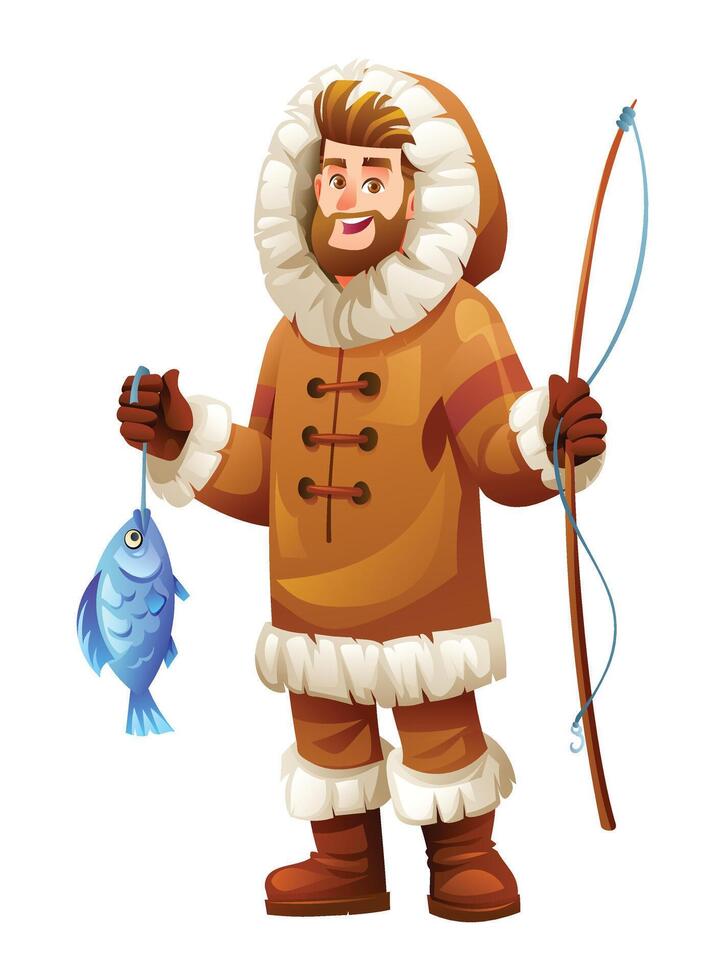 Eskimo man with a fishing rod and fish, wearing traditional fur outfit. Cartoon character illustration vector