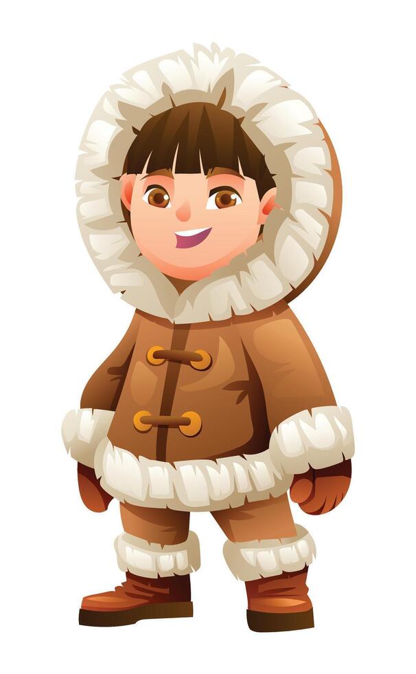 Eskimo boy character in traditional fur outfit. Cartoon illustration vector