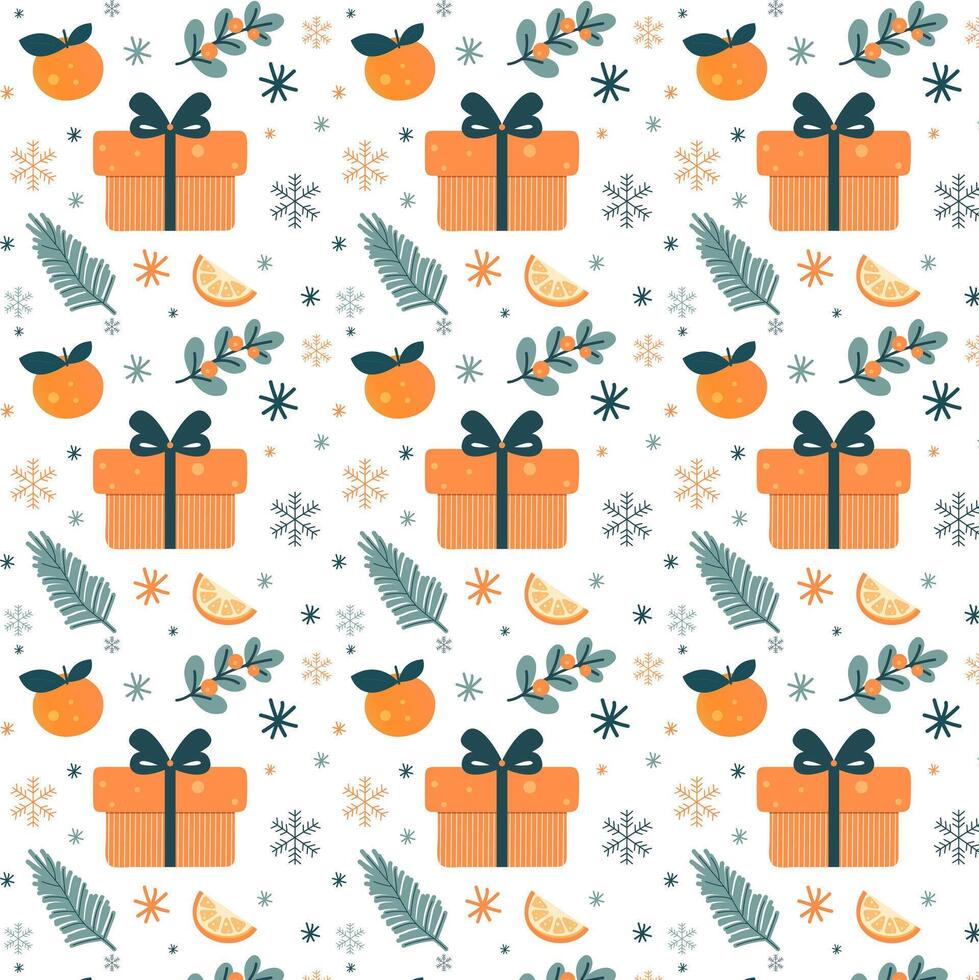 Christmas winter pattern. Tangerine slices, snowflakes, pine branches, berries, holly elements for holiday wrapping paper, decorations, or any seasonal project. illustration vector