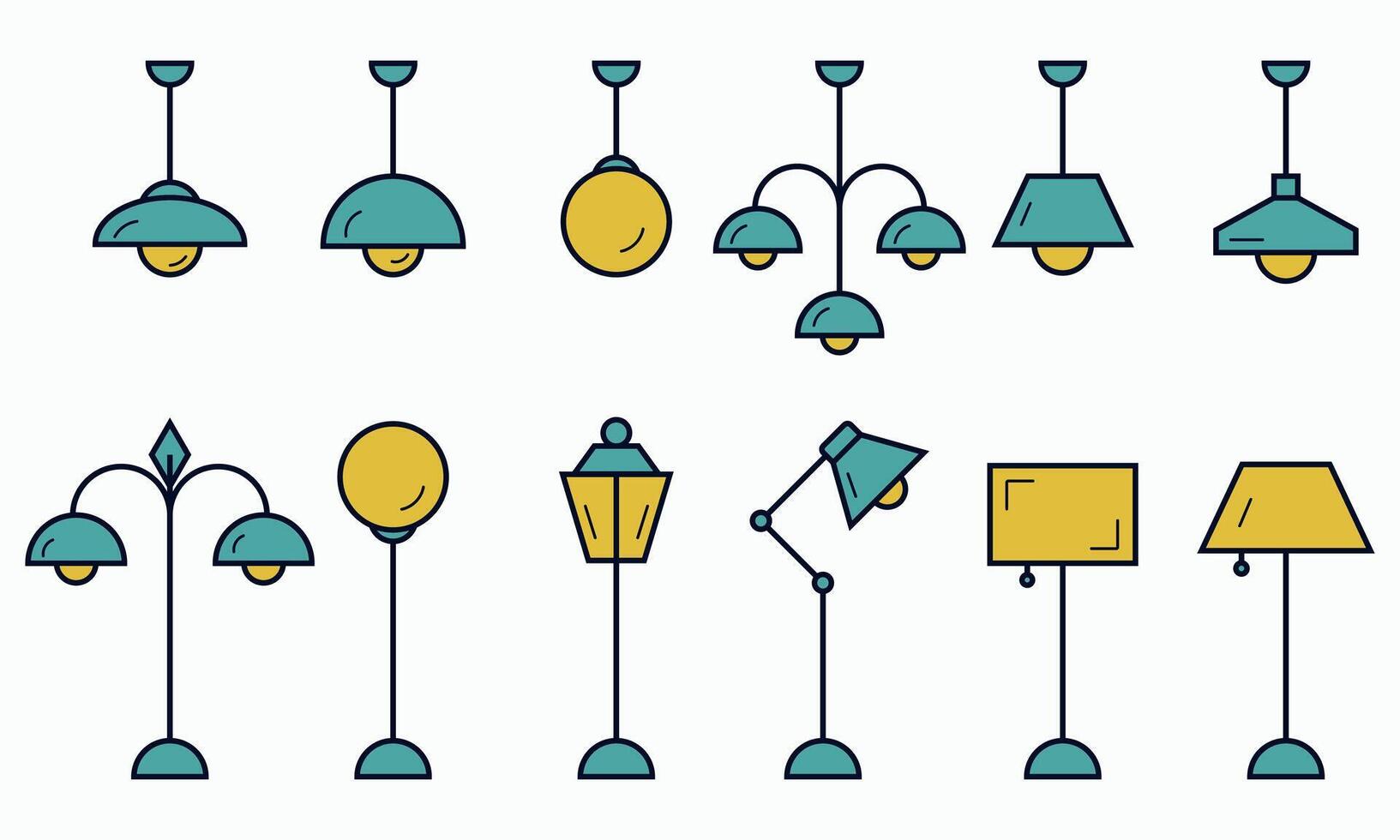 Set of different types lamps illustration . ceiling lamp, table lamp, street lamp, floor lamp . diffrent lamp set. vector