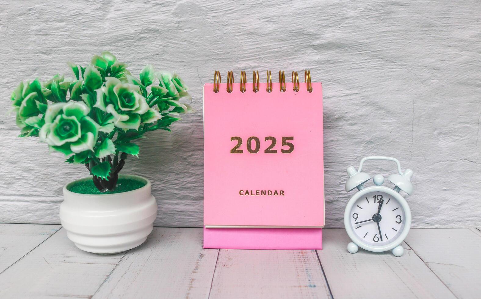 Pink calendar 2025 standing on office desk with flower pot and alarm clock. New year 2025 with office desk concept with grey background. photo