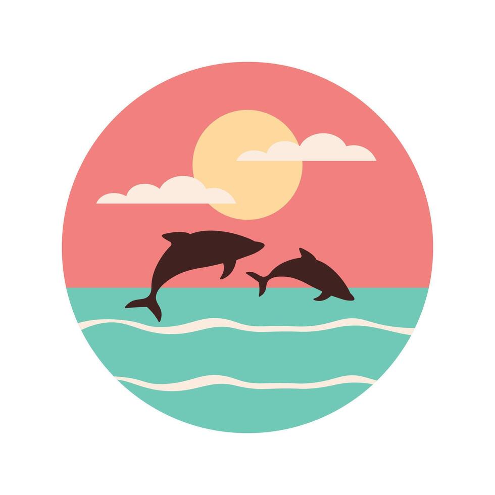 Dolphins Silhouette Jumping on the Beach Surface with Sun Circle at Sunset Sunrise vector