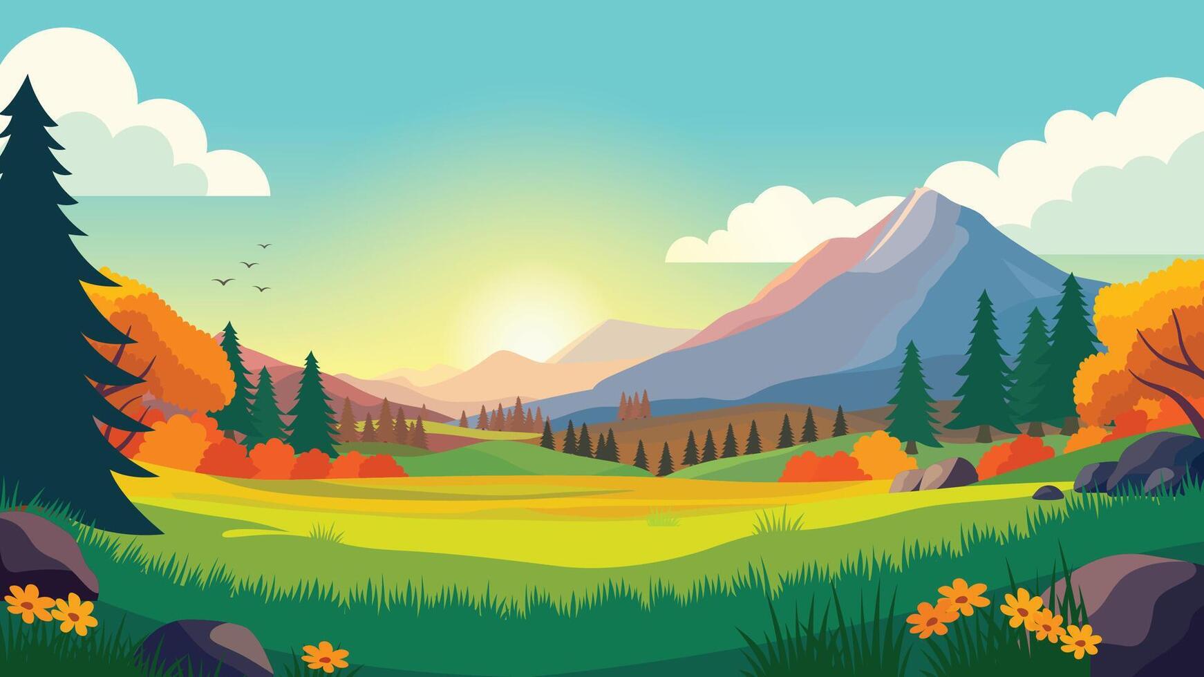 Mountain Nature View Landscape with Pine Trees in Jungle and Sunlight in the Morning vector