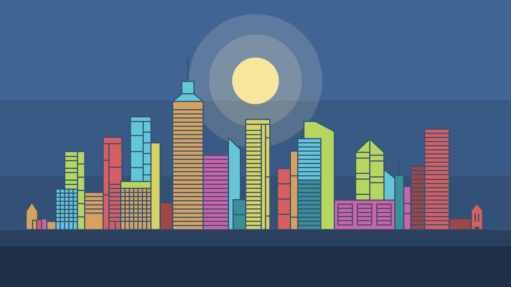 Flat Design Illustration of Colorful Cityscape Building Landscape with Full Moon at Night vector