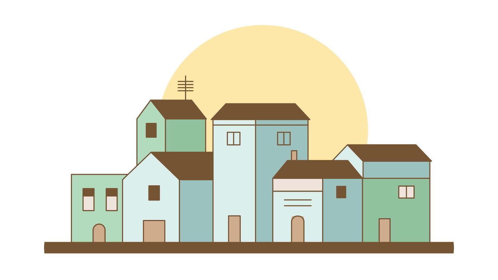 Flat Design Illustration of Cityscape Home House Building Landscape with Big Sun in Bright Sky vector