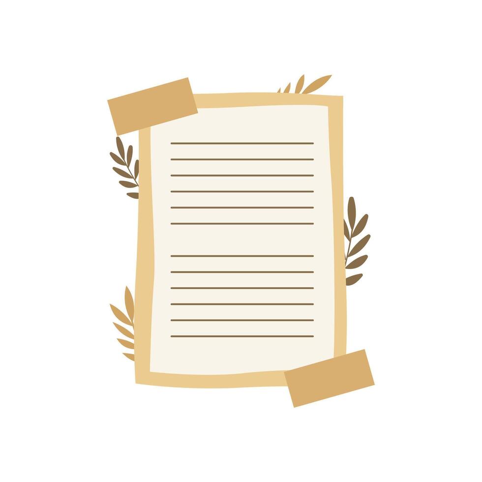 Aesthetic Simple Blank Brown Paper Note Office Stationery with Sticky Tape and Leaf Decoration vector