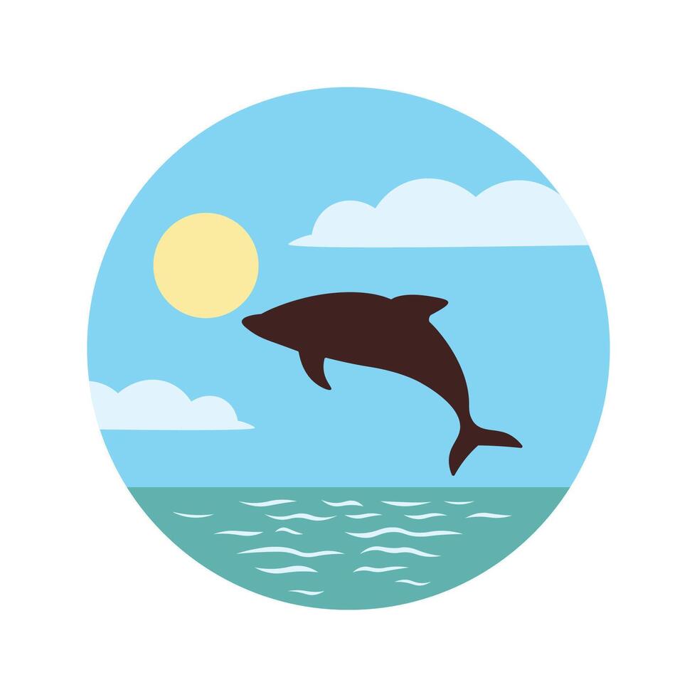 Dolphin Silhouette Jumping on the Beach Ocean Surface with Sun Circle in Summer Bright Sky vector